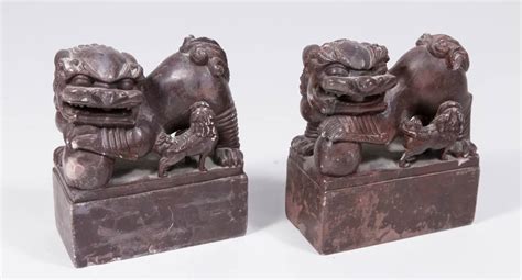 Pair Carved Stone Foo Dog Bookends