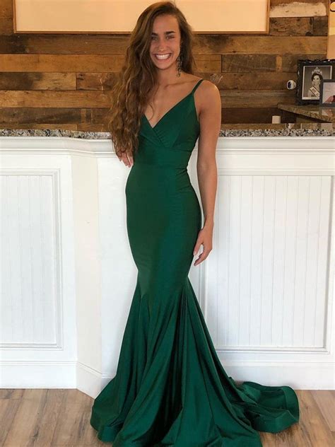 Emerald Green V Neck Mermaid Backless Long Prom Dresses With Sweep Train Emerald Green Mermaid