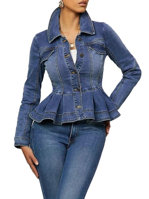 Julycc Women Denim Jacket Ruffled Frill Slim Fit Button Jeans Short Coat