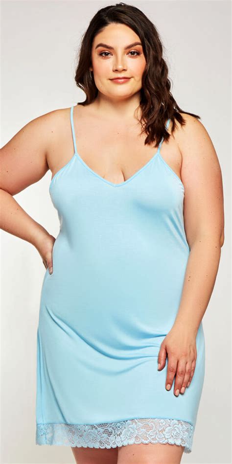 Plus Size Light Blue Chemise With Lace Trim Sexy Womens Lingerie