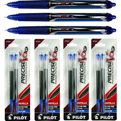 Pilot Precise V5 Rt 3 Pens With 4 Packs Of Refills Blue Ink 05mm X
