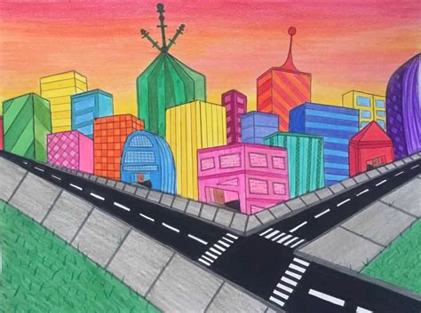 Colorful City Drawing City Drawing Drawings Color