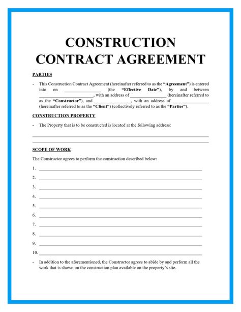 Standard Construction Agreement Template Free Printable