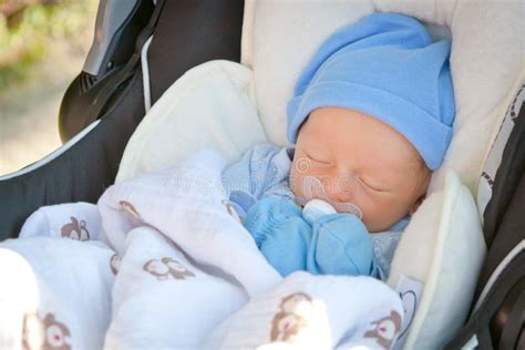 Newborn Napping In Stroller Stock Photo Image Of Male Binky 35747976