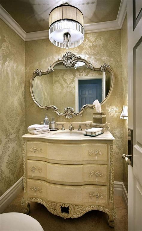 Elegant Powder Room Gold Nuance Feature Pretty Pendant Light As Well As