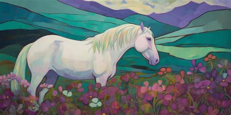 Premium Ai Image A Painting Of A White Horse In A Field Of Flowers