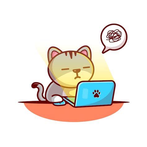 Cat Working En La Ilustración Del Vector De La Computadora Portátil