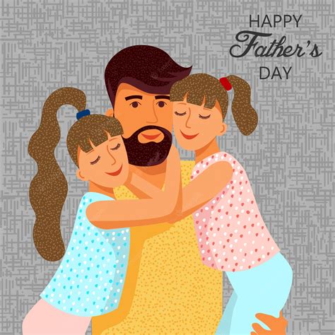 Feliz Día Del Padre Padre De Dibujos Animados Lindo Plano Y Dos Hijas