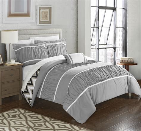 Chic Home 4 Piece Brooks Pleated And Ruffled With Chevron Reversible