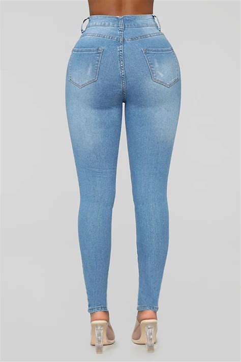 Hot Style Slim Fit Buttock Lift Small Feet Ripped Women Jeans Pencil High Waist Blue Skinny