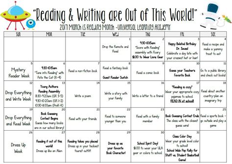 ULA March Reading Month Calendar | March reading, March reading month, Reading calendars