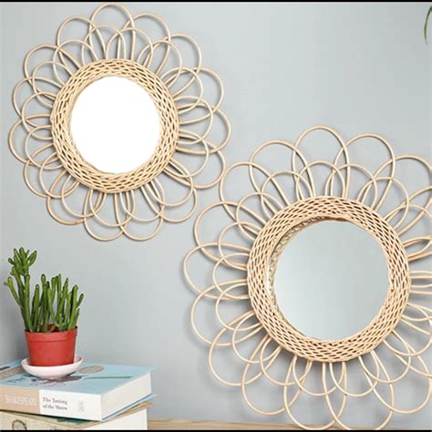 Sun Shape Decorative Mirror Rattan Flower Wall Decor Handmade Etsy