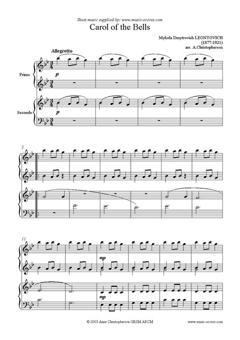 The free sheet music on piano song download has been composed and/or arranged by us to ensure that our piano sheet music is legal and safe to download and print. Carol of the Bells - Piano Duet by Leontovich | Sheet music, Music supplies, Piano music
