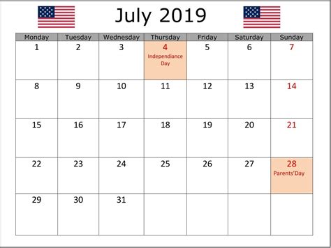 July 2019 Calendar Usa Bank Holiday Calendar Blank Calendar Template
