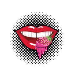 Female Mouth Dripping With Strawberry Fruit Vector Image
