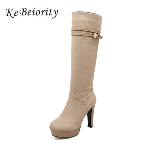 Kebeiority Sexy Beige Boots Women Stretch High Heels Black Platform