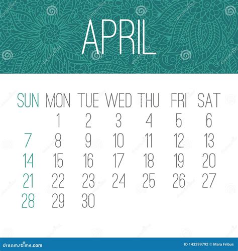 April Year 2019 Monthly Calendar Stock Vector Illustration Of Pattern