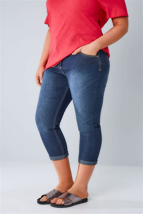 Mid Blue Denim Cropped Jeans Plus Size 16 To 32