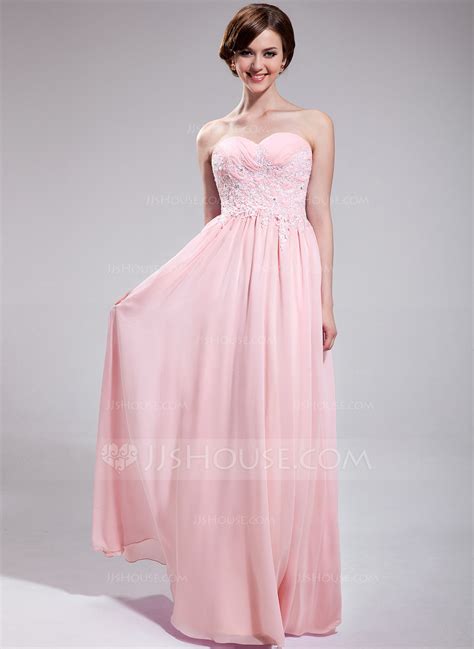 A Line Princess Sweetheart Floor Length Chiffon Prom Dress With Ruffle Beading Appliques Lace