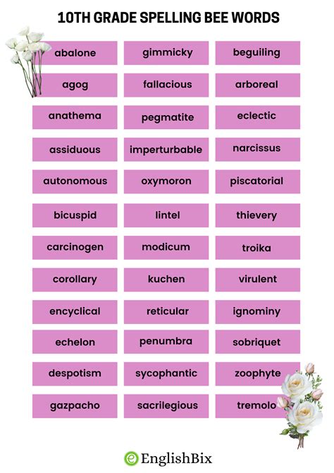 10th Grade Spelling Bee Words List EnglishBix