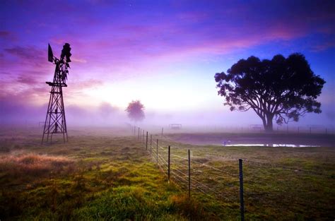 Nature Landscape Sunrise Fence Windmills Puddle Field Mist