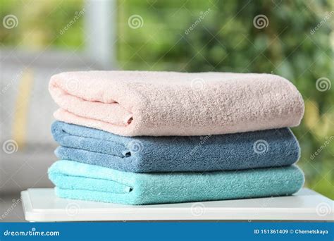 Stack Of Folded Clean Soft Towels On Table Closeup Stock Image Image