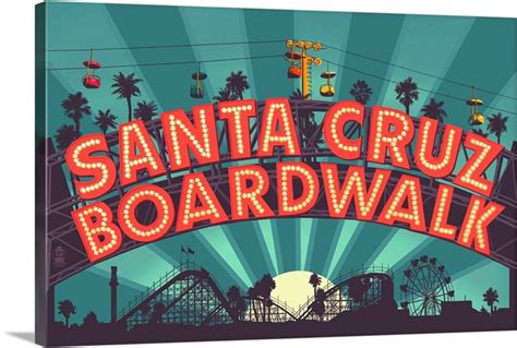 Santa Cruz California Beach Boardwalk Sign At Night Retro Travel