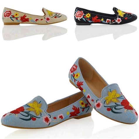 Womens Embroidered Loafers Shoes Ladies Floral Slip On Ballerina Flat