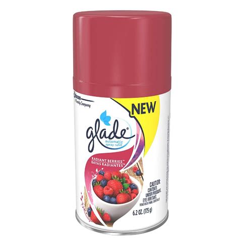 175g/269ml last up to 60days works well with air wick and glade automatic spray (old and new design). 6 Units of GLADE 6.2 OZ AUTOMATIC SPRAY REFILL RADIANT ...