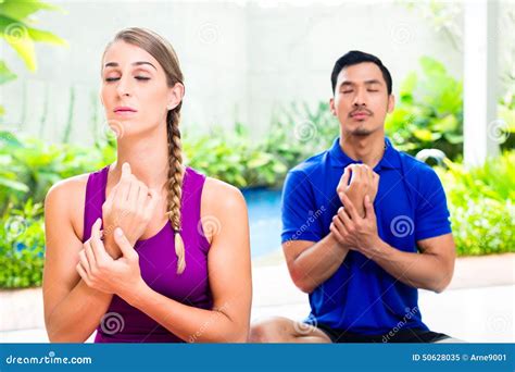 Mixed Couple At Yoga Training In Tropical Asia Stock Image Image Of