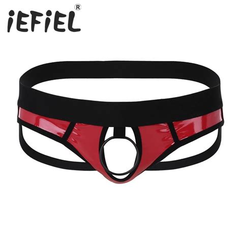 iefiel sexy faux leather men lingerie open back and hollow out jockstrap low rise bikini g