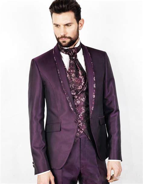 Mens Suit Purple Stylish Men Fitted Tuxedos Print Shawl Lapel Slim Fit