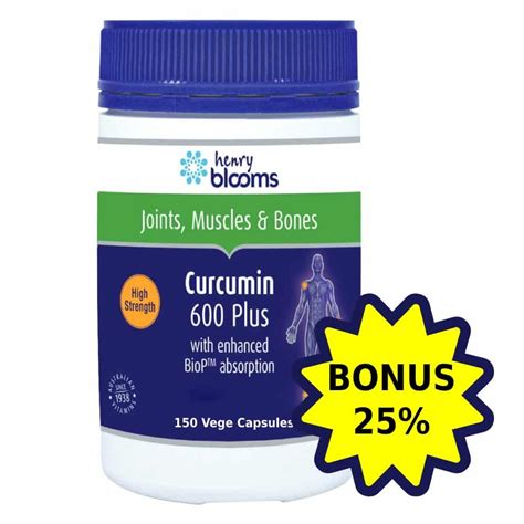 Henry Blooms Curcumin 600 Plus 150 Vege Capsules Bonus 25 Biop
