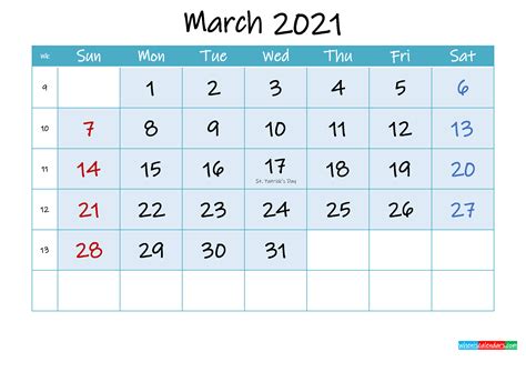 March 2021 Free Printable Calendar With Holidays Template Ink21m147