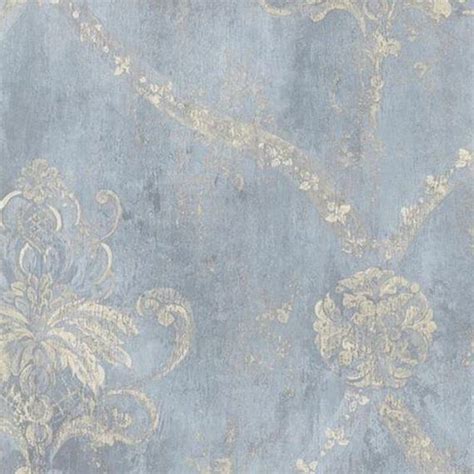 Distressed Blue Cream Floral Damask Wallpaper Aged