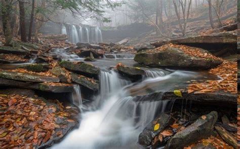 Morning Mist Waterfall Leaves Forest Pennsylvania Nature Landscape Fall River Trees