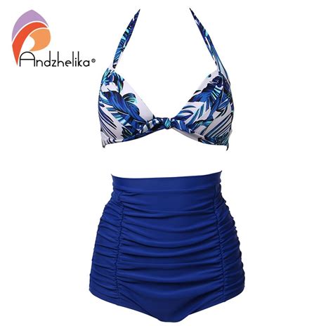 Andzhelika Plus Size Swimwear Women Retro Blue Floral Halter High Waist