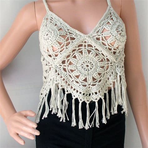 Boho Fringe Crop Top Lace Cropped Tank Top Knit Flower Top Etsy