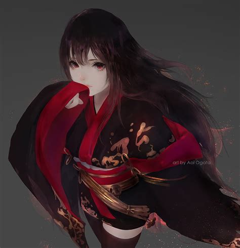 Anime Girl With Black Hair And Red Eyes In Kimono