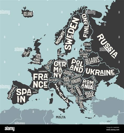 Europe Map Poster Map Of The Europe With Country Names Stock Vector