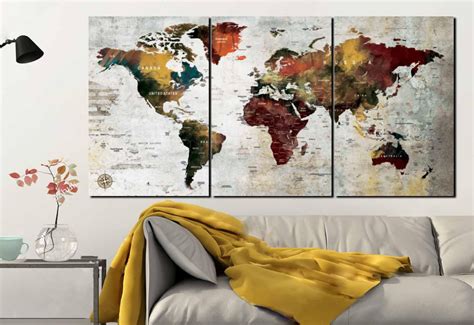 Large 3 Panel World Map Canvas Artworld Map World Map Wall Artworld