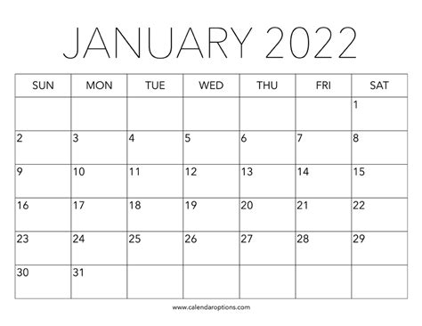 Printable January 2022 Calendar Calendar Options