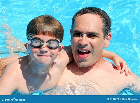 Father Son Pool Stock Photo Image Of Outside Preteens