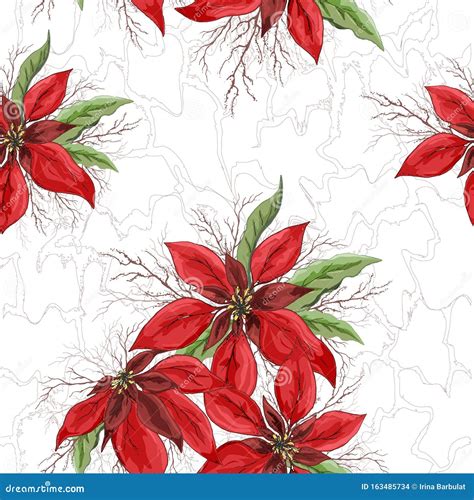 Seamless Vector Pattern Of Red Poinsettia Flowers Hand Drawn Doodle In