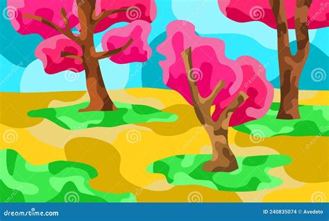 Sakura Trees In Sandy Grass Field Stock Vector Illustration Of