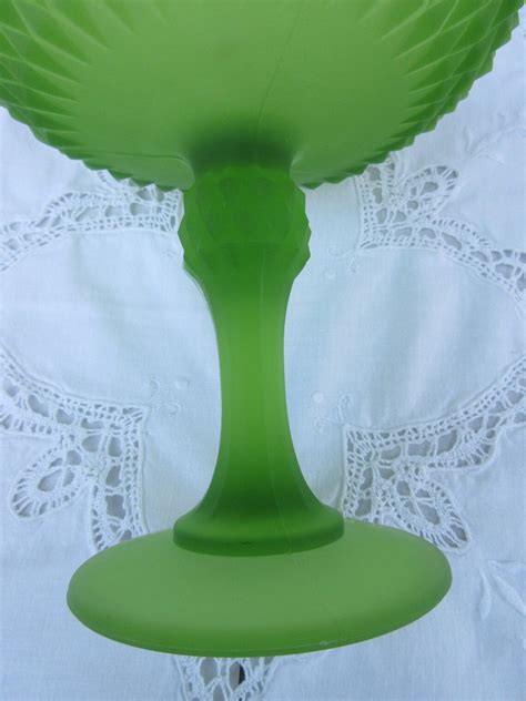 pedestal candy dish vintage green frosted glass crystal cut etsy