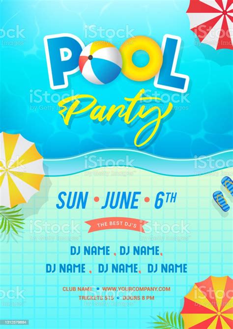 Pool Party Invitation Template Poster Vector Design Swimming Pool With Sun Umbrellas Stock