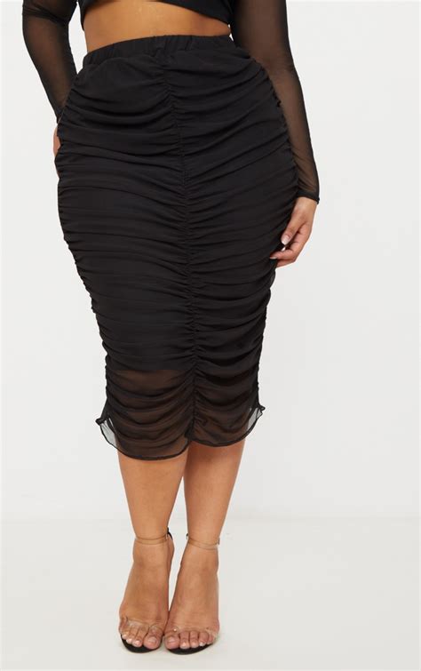Plus Black Mesh Ruched Midi Skirt Plus Size Prettylittlething Aus