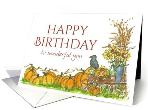Happy Fall Birthday Wonderful You Pumpkin Illustration Watercolor Card