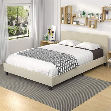 mecor upholstered linen platform bed frame queen bed frame with fabric headboard strong wood